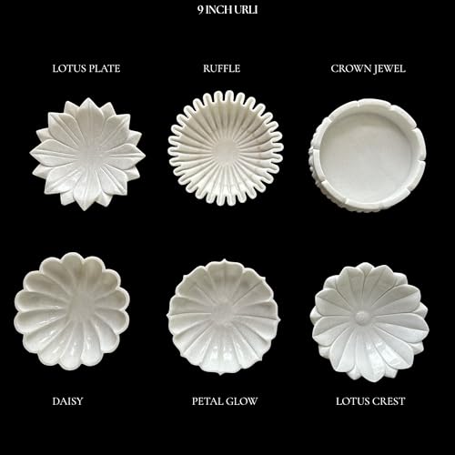 Image of Marble Urli Bowl for Decoration | Big Potpourri Decorative Bowls in Home decor | Large White Floating Flower Plates of Stone | Small Shape puja Item | (9 inch, Lotus Crest)