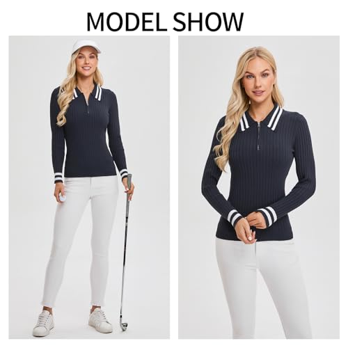 Soneven Womens Quarter Zip Sweaters Color Block Lapel Pullover Sweater Slim Fit Ribbed Knit Sweater Tops4