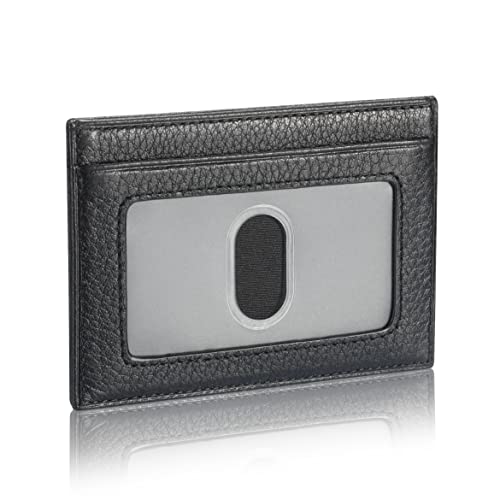 Image of HISCOW Slim Full Grain Leather Card Holder with ID Window, Pebbled Black | Men's minimalist EDC wallet, front pocket carry, 2 credit card slots & center pocket, fits folded bills, premium gift box