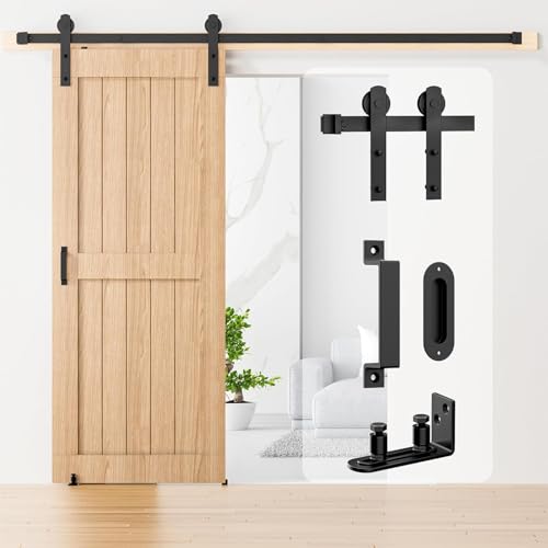 Signstek 吊り引き戸レール バーンドア金具 5FT/1.53m リフォーム建具 引戸レール 扉引戸 簡易 室内 木製 引き違いドア 引き扉 DIY 建具金物 アルミレール シングル片開き扉 トラックレール 片引き戸 I型 4段式 ブラックの画像