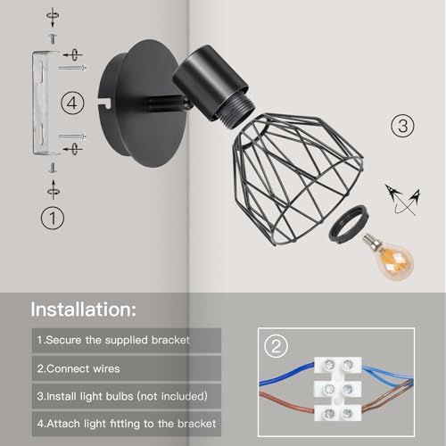 Wall Lights Industrial with E14 Socket Adjustable Wire Cage Wall Light Shade Black Metal Sconce Wall Lamp for Indoor Home Living Room Bedroom Hallway Shop 2 Packs - Image 6