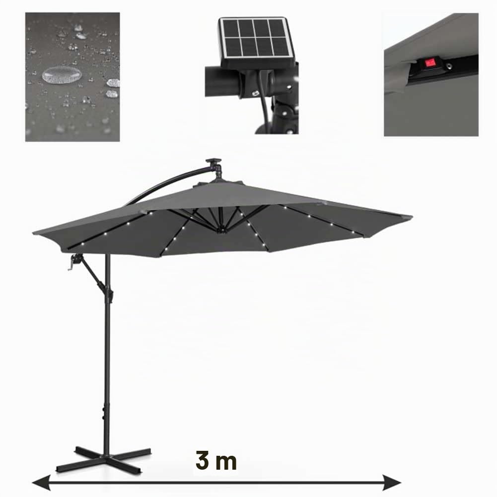 BAKAJI Ombrellone da Giardino Terrazzo con Luce 32 LED e Pannello Solare Dimensioni 3x3 Mt Richiudibile Palo Laterale Decentrato Acciaio Base Croce in Tessuto Anti UV
