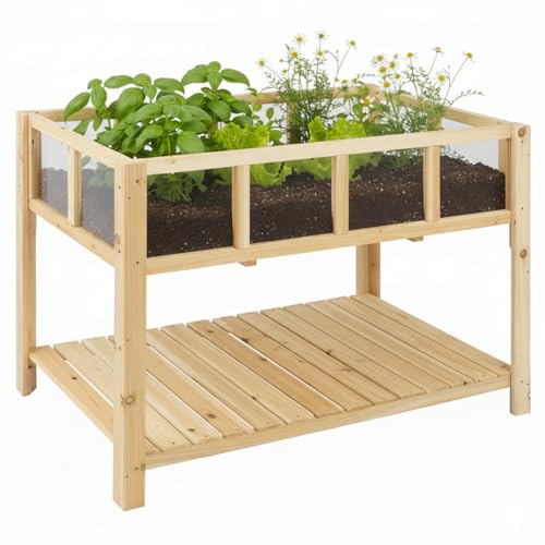 Image of ketive Raised Garden Bed with Transparent Acrylic Panels, Elevated Wooden Raised Garden Bed Planter, Fir Wood Outdoor Planter Box for Herbs, Flowers & Patio Balcony Gardening (Natural)