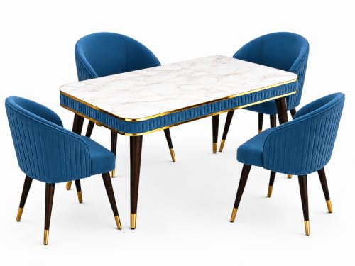 Image of WOODEN SPACE Majestic 4 Seater Wooden Dining Table Set | Urban Marble Top Dining Table with Chairs for Dining Room & Kitchen (Blue Majestic Backline)