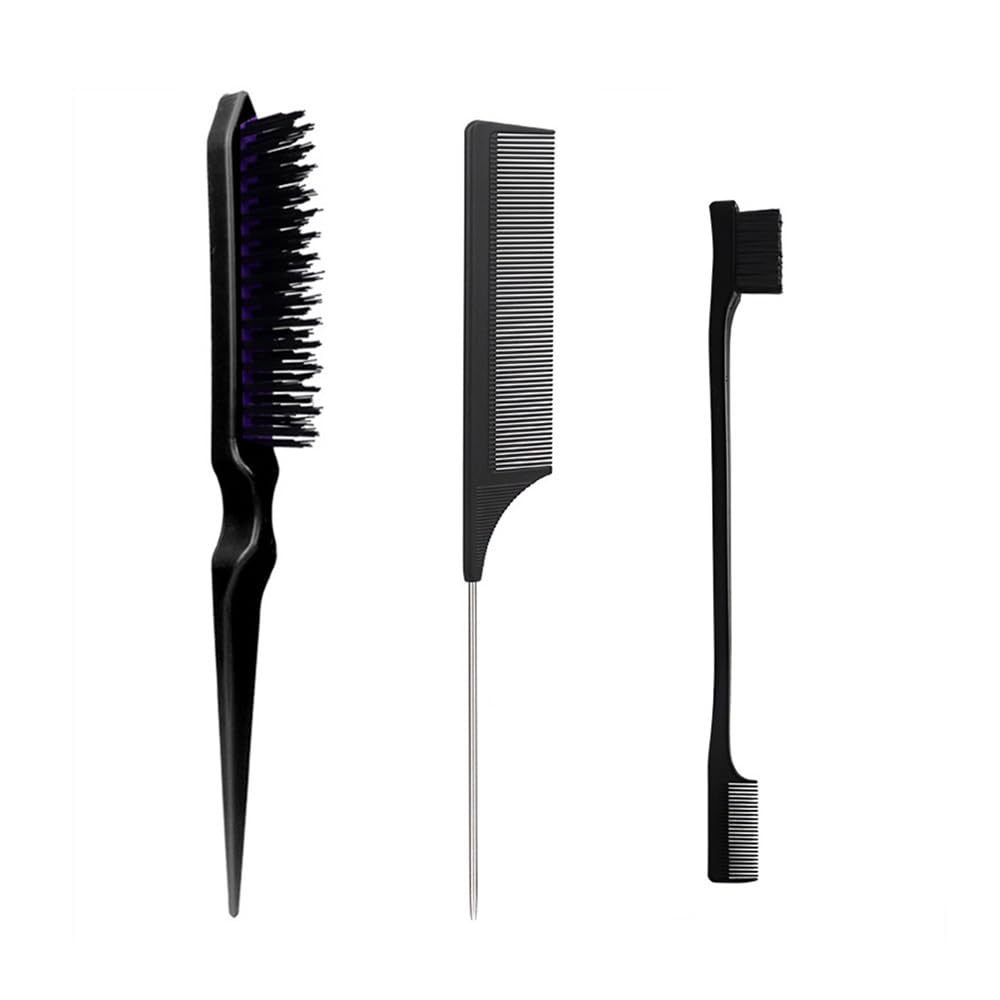 ZEVONDA 3 Stück Sleek Bun Bürste Set - Spitzschwanzkamm Borstenbürste Eine Doppelseitige Haarkantenbürste Kämmen Stylen Färben von Haaren Haarbürste Set für Frauen Kinder und Friseure - Schwarz