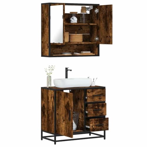 Conjunto de muebles de baño en roble ahumado marrón de madera contrachapada duradera 3