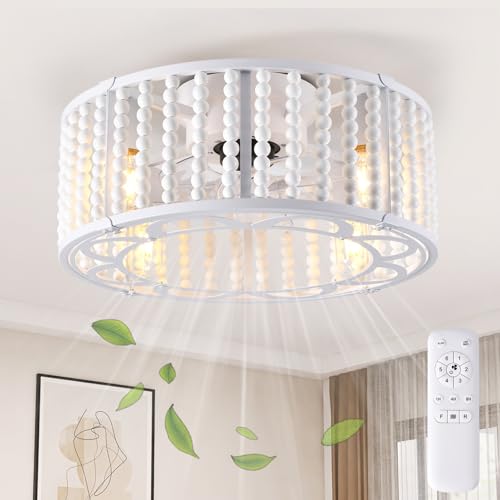Image of GJeg Ceiling Fans with Lights and Remote, 18" Boho Caged Ceiling Fan with Wood Beaded, Low Profile,Flush Mount 6 Speeds, Ceiling Fan for Bedroom, Living Room, Home Office.boho fandelier,Off-White.