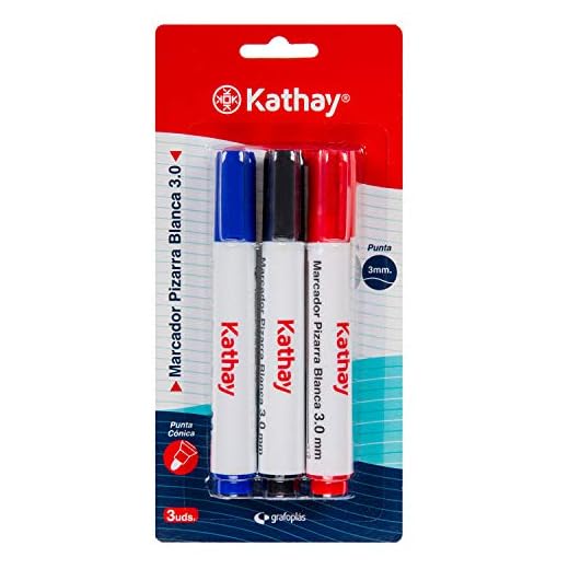 Kathay 86211399. Pack de 3 Rotuladores Para Pizarra Blanca, Color Azul, Negro, Rojo, Punta Cónica 3mm