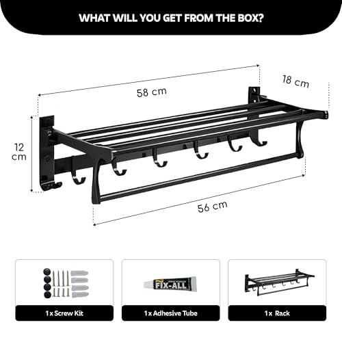 Image of MIORAH 24 Inch Foldable Aluminum Towel Rack for Bathroom - Wall Mounted Double - Tier Towel Holder with Rod & Hooks | Rustproof Black