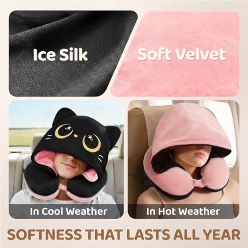 Image of Mewaii Travel Neck Pillow, Airplane Pillow with Hood, Memory Foam, Pink | Neck Support, Reversible, Adjustable Strap, Washable Cover, Cat-Ear Hood, Storage Bag, for Flights, Adults & Teens