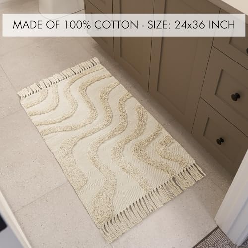 Beautiful Boho Rug with Tassels for Your Bathroom - Soft 2 x 3 ft. Cotton Rug Fits Perfectly Into Your Bath - Washable, Cream Colored Non-Slip Mat Ideal to Enhance Any Modern Home Decor, 24 x 36 inch