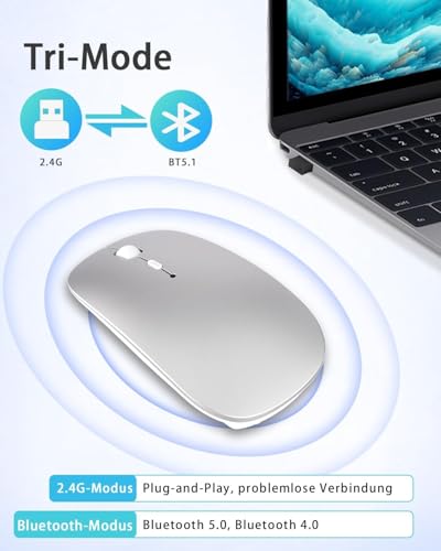 AE WISH ANEWISH Bluetooth Maus with USB-C-Adapter fur Mac/iPad/iPhone/PC/Computer, wiederaufladbar geräuschlos Mini Kabellose Maus für Windows/Linux/Android, 3 DPI Einstellbares Bluetooth 5.0 Silber 2