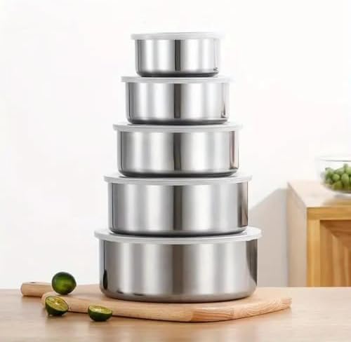 Conjunto de Potes Bowls em Aço Inox - 5 Peças c/Tampa Versátil para Cozinha Moderna Marmita