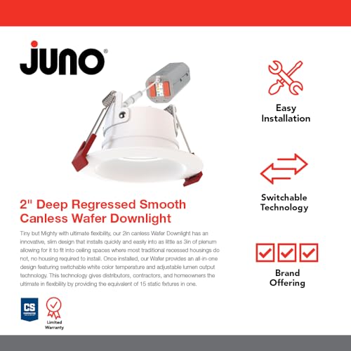 Image of Juno Canless LED Wafer Light, Miniature Downlight, 5-in-1 Switchable White Color Temperature, Adjustable Brightness, Deep Regressed Smooth Trim, 2-Inch, White (WF2 Dreg SM ALO25 SWW5 90CRI 120 MW M6)