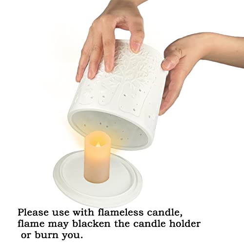 White Flameless Candle Lantern Decorative Table Centerpiece Large Farmhouse Candle Holder Wedding Shelf Decor With Forest Pattern 5" (Without Candle) #TOP3