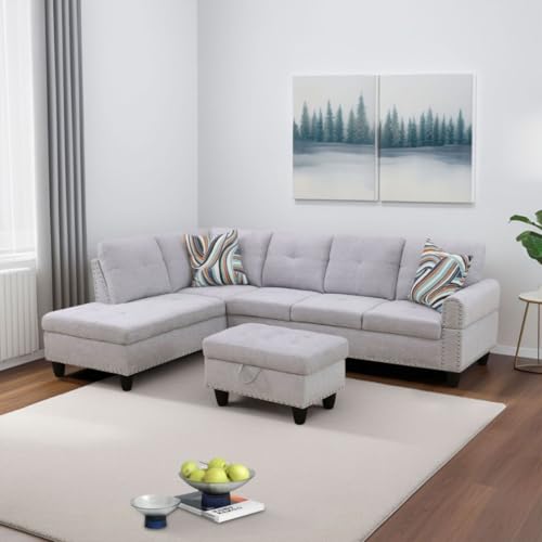 Image of L-Shaped 3-Piece Flannel Sofa with Ottoman, Sectional Couch Set for Living Room, Office, Apartment, with Cup Holder, Grey White