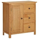 Material: Madera maciza de roble con un acabado natural, MDF; Dimensiones: 70 x 35 x 75 cm (largo x ancho x alto); Con 1 puerta y 3 cajones