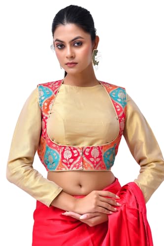 Amodini Designer Studio Women's Beige Embroidered Blouse, Traditional Indian Ethnic