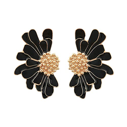 Vintage Flower Earrings Exaggerated Double Daisy Flower Floral Earrings Enamel Flower Stud Earrings Jewelry Gift For Women Girls (Black) #TOP10