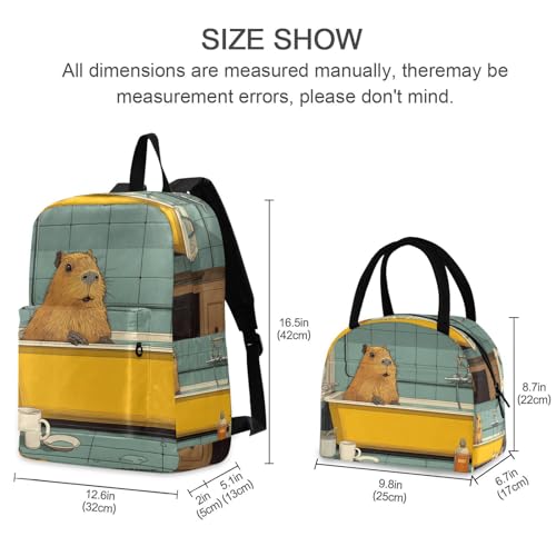 Backpack Lunch Box Set Large Capacity Travel Backpacks and Insulated Lunch Bag for Commute Hiking Picnic Bathing Capybara Print2