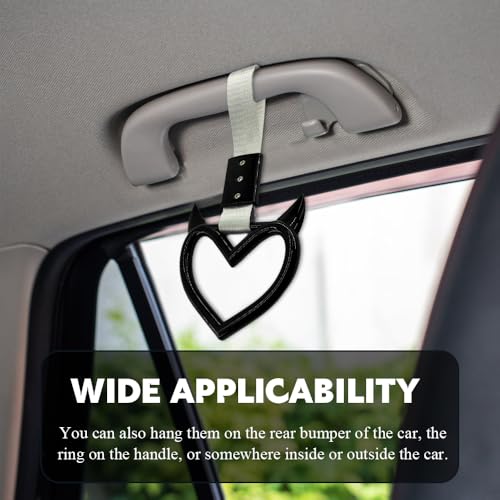 Image of 2PCS Heart shaped Car Handle Straps, Heart Car Accessories, Ring Hearts Shaped Cars Hand Strap Drift Charm, Universal Handle Keychains Accessory Suitable for Cars Bus (Black+silver)
