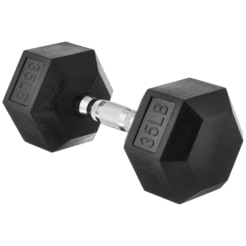 Amazon Basics Rubber Hex Dumbbell Hand Weight with Comfortable Grip for Home Gym Workout, 35 Pounds, Single, Black
