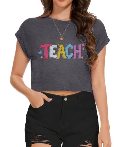 Image of Womens Crop Tops Summer Roll Cap Sleeve Cropped Tshirt Loose Fit Basic Tees