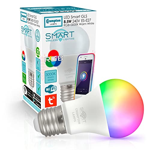 Image of Crompton Lamps LED Smart WiFi GLS 8.5W ES-E27 Dimmable (60W Equivalent) 3000K Warm White + RGB Opal 806lm ES Screw E27 TUYA Colour Changing Thermal Plastic Google Home Light Bulb