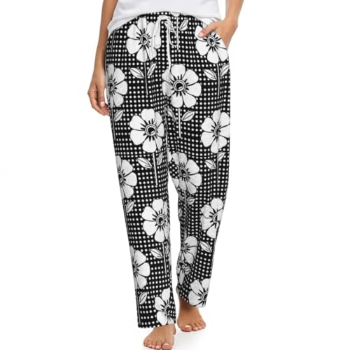 PrelerDIY Women'S Large Stylized White Flower Polka Dot Flannel Pajama Pants Soft Lounge Sleep Pants Pj Bottoms With Pockets & Drawstring Small