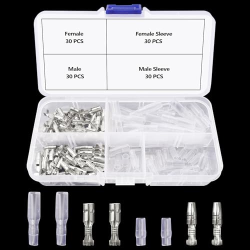 Lyeteung 120 Pièces 3.9mm Bullet Connecteurs Kit, Bullet Mâle et Femelle Fil Bornes Connecteur, avec Manchons Isolants, pour Moto Moto Voiture Camion Scooter Bateaux Électrique Instruments, Argent