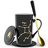 FULLCCI Virgo Birthday Gifts for Women 15oz Ceramic Coffee Mug with Lid Spoon Coaster Astrology Mugs Upgrade Porcelain Tea Cup Virgo Gifts (Black-Gold)