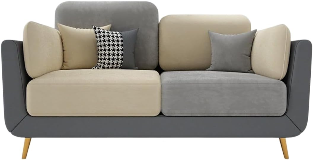 Modern Velvet Sofa Set for Living Room | Sofa with Cushion Back & Wooden Legs | Contemporary Sofa Couch Set (Beige & Grey, 2 Seater)
