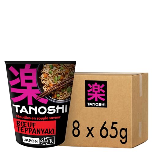 TANOSHI Cup Nouilles Instantanées - Boeuf Teppanyaki - Ramen Japonais Sans Glutamate - Prêt 4 Minutes - 8 X 65g