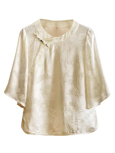 Chemise en soie jacquard beige femme col rond HangErFeng blousante