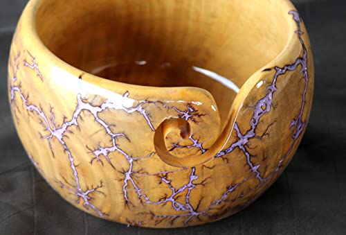 Image of Lichtenberg Figure Yarn Bowl - Handmade Wooden Yarn Bowl for Knitting Yarn Ball Holder - Yarn Bowls with Holes Crochet Bowl Holder - Yarn Storage Bowl 7 inch x 4 inch inches (Purple-A)