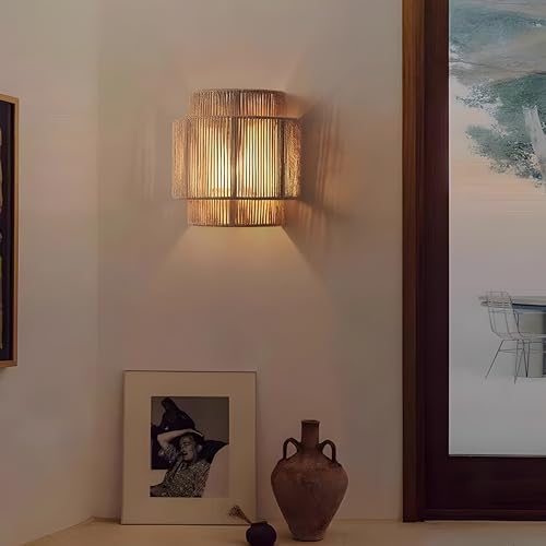 Image of Bofea-1 Light Boho Wall Light,Rattan Wall Sconce with Hand Woven Hemp Rope Shade,Plug in Wall Sconces,Boho Bedside Lamp,Farmhouse Rustic Wall Lamps Light Fixture for Living Room Bedroom Stairway
