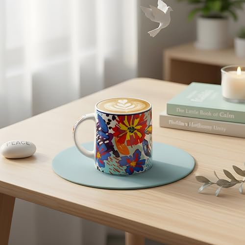 Image of Miah KaleidoBloom Ceramic Cup Set - Set of 4 | 10.16 cm x 6.85 cm x 8.89 cm | Handcrafted Coffee & Tea Mugs | Microwave & Dishwasher Safe | Vibrant Abstract Floral Design