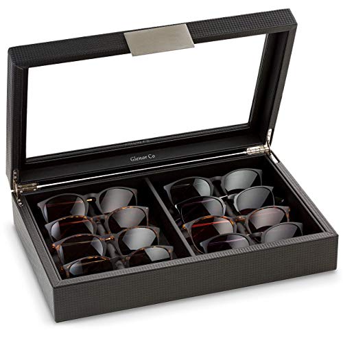 Glenor Co Sunglasses Organizer Case - 8 Slot Storage Holder to display Sunglass/Eye Glasses - Modern Box with Clear Glass Top and Metal Buckle for Men and Women - Carbon Fiber Leather Design - Black