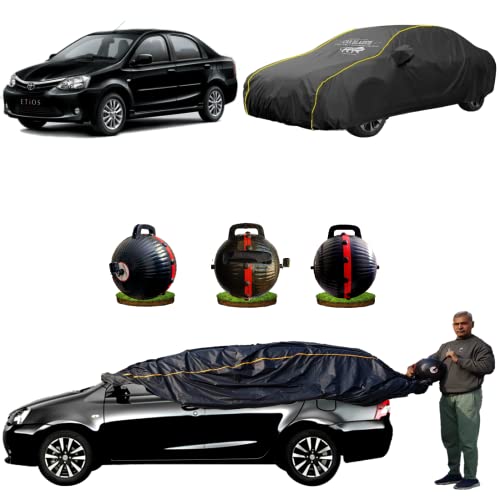 Image of CARBLAZER Portable & Semi-Automatic Full Body Car Covers: Heavy Duty Device| Anti-Theft| Dust & Scratch Proof | Water & Wind Resistant|Custom Fit| Dual-Side Cover, Compatible for Toyota Etios