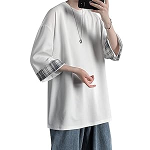 Foveitaa Men’s Summer T-Shirt, 3/4 Sleeves, Solid Color, Large Size, Big Silhouette, Loose Fit, Round Collar, Soft, Comfortable, Lightweight, Simple Top, Cool, Back, Print Garment