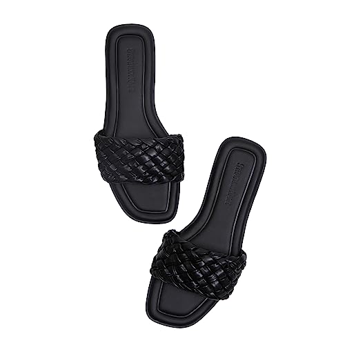 Stratuxx Kaze Women's Braided Strap Sandals Square Open Toe Slide Sandals Slip on Dressy Summer Beach Flats Size 5-113