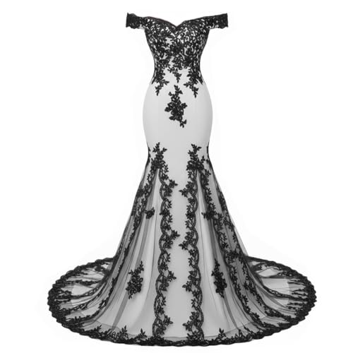 Long Off the Shoulder Mermaid Evening Dress, Black Lace Gothic Wedding Gown with Court Train, Tulle Corset Formal Prom Dress, White, 8