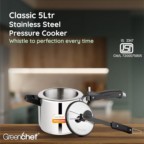 Image of Greenchef Stainless Steel Inner lid pressure cooker 5 litre - Classic, ISI certified, Induction and Gas compatible, Glossy Finish, Triply bottom, 5Year warranty