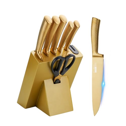 AVEKI Kitchen Knife Set, 7-Piece Knife Block Set with Anti-Slip Handle, Stainless Steel Ultra Sharp Knife for Kitchen, Professional Chef's Knife Set for Home Cooking,Slicing,Mincing,Dicing (Gold)