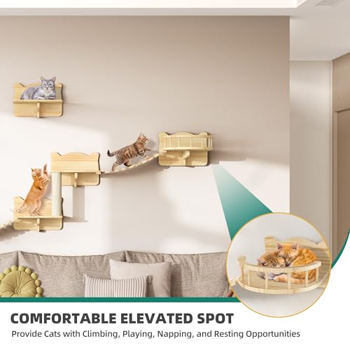 YITAHOME Kletterwand Katzen Set aus Holz, 5-Teiliges Stabiler Katzenmöbel mit Katzenhaus, Katzenbett, Plattform, Sisalsäule, Katzenhängebrücke, für Katze Schlafen Spielen Lounging