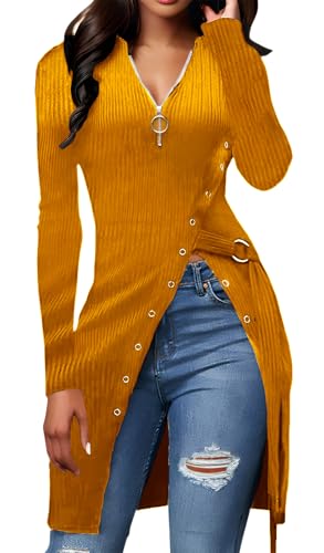 Image of Women's Ribbed Zip Front Long Sleeve Top Side Split Tunic Blouse with Belt | Features a chic O-ring half zip front, side button trim and an adjustable D-ring belt.