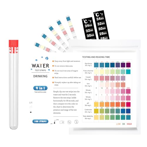9 in 1 Drinking Water Test Kit, 100 Test Strips for Iron, Copper, Nitrite, Nitrate, pH, Carbonate, and More for Tap Water, Well Water, Swimming Pool, Hot Tub, Aquarium (9 in 1 100 Test Strips)