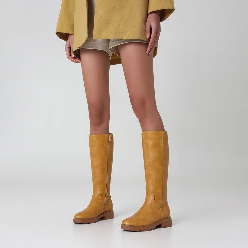 Image of ZJA Knee High Boots Women Platform Round Toe Low Flat Heel Fall Riding Fashion Tall Boots Long Clearance Boots