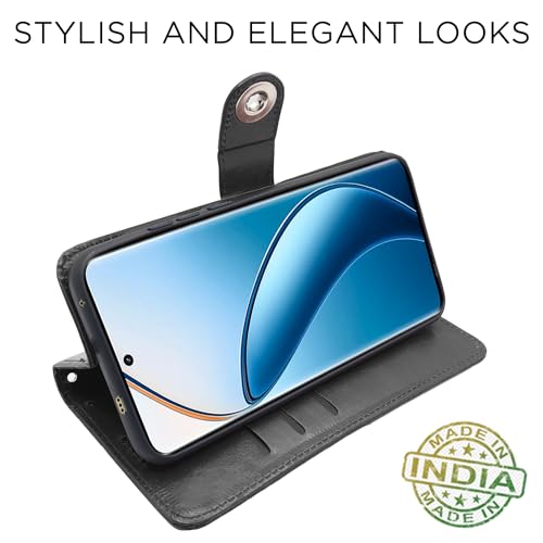 Image of Pikkme Realme 12 Pro 5G / Realme 12 Pro Plus 5G Flip Cover Leather Finish | Inside TPU with Card Pockets | Wallet Stand and Shock Proof | Complete Protection Button Flip Case (Black)