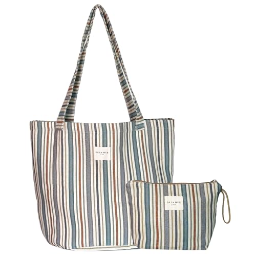 De La Mur Boho Striped XL Tote Bag and Makeup Bag Set - Large Stylish Shopper for Women, Travel, Gym, Beach, Work - Made in Barcelona, Spain